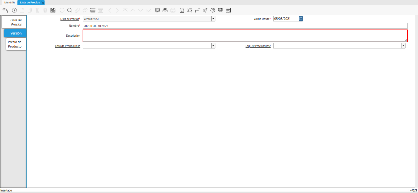 campo descripción para lista de precios desde otra
