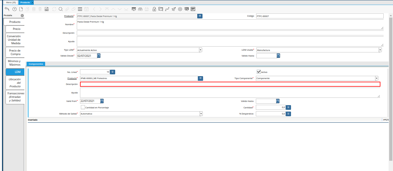 Campo Descripción de la Pestaña ldm del Producto Estándar para Producción