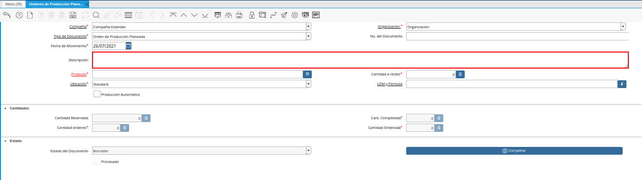 Campo Descripción de la Ventana Órdenes de Producción Planeadas