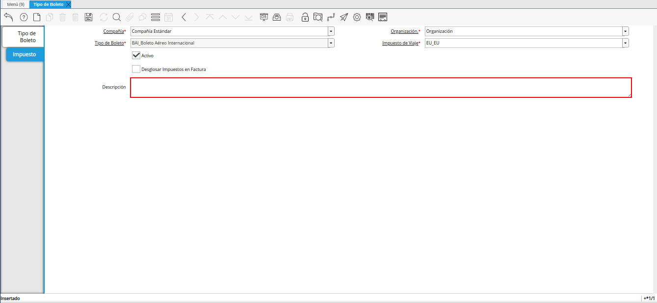 campo descripción de la pestaña impuesto de la ventana tipo de boleto