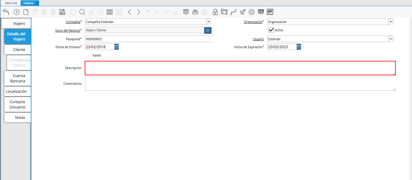 campo descripción de la pestaña detalle del viajero