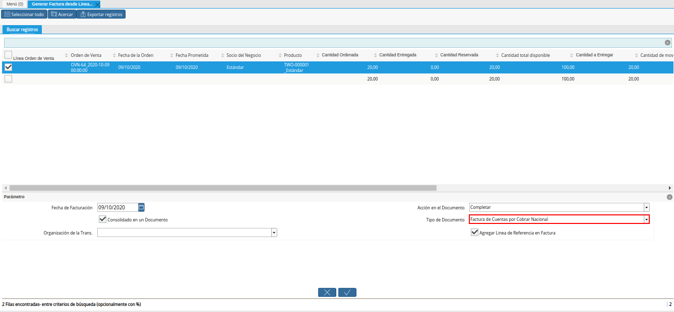 Campo Tipo de Documento Destino de la Ventana Generar Factura desde Líneas de la Orden