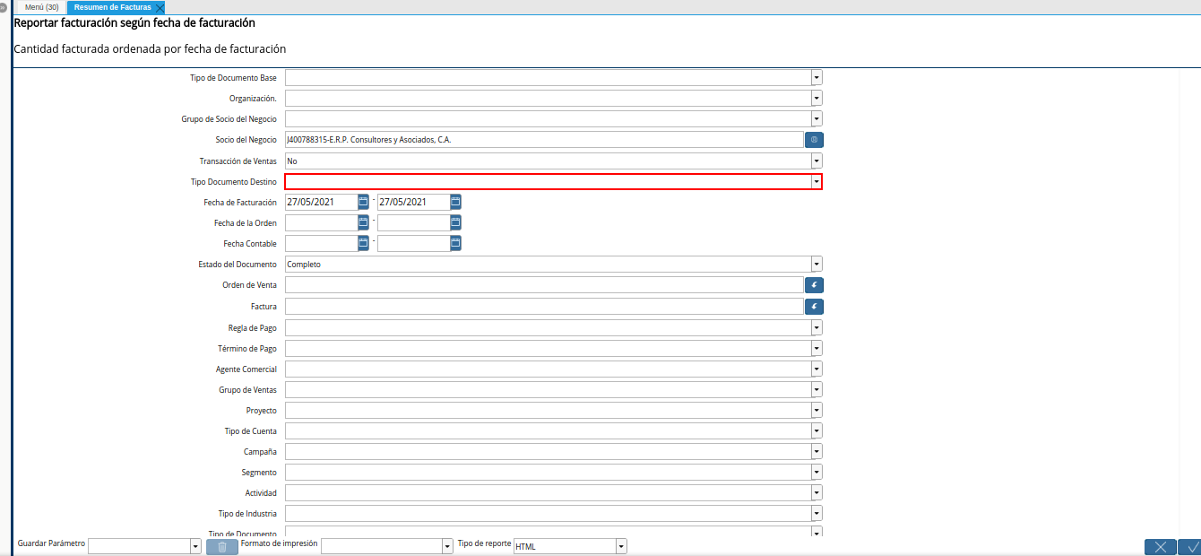 campo tipo de documento destino del reporte resumen de facturas