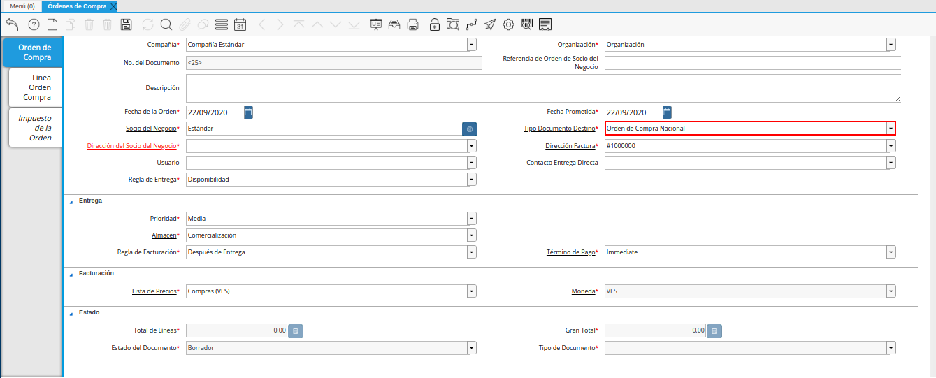 campo tipo de documento destino de la ventana órdenes de compra