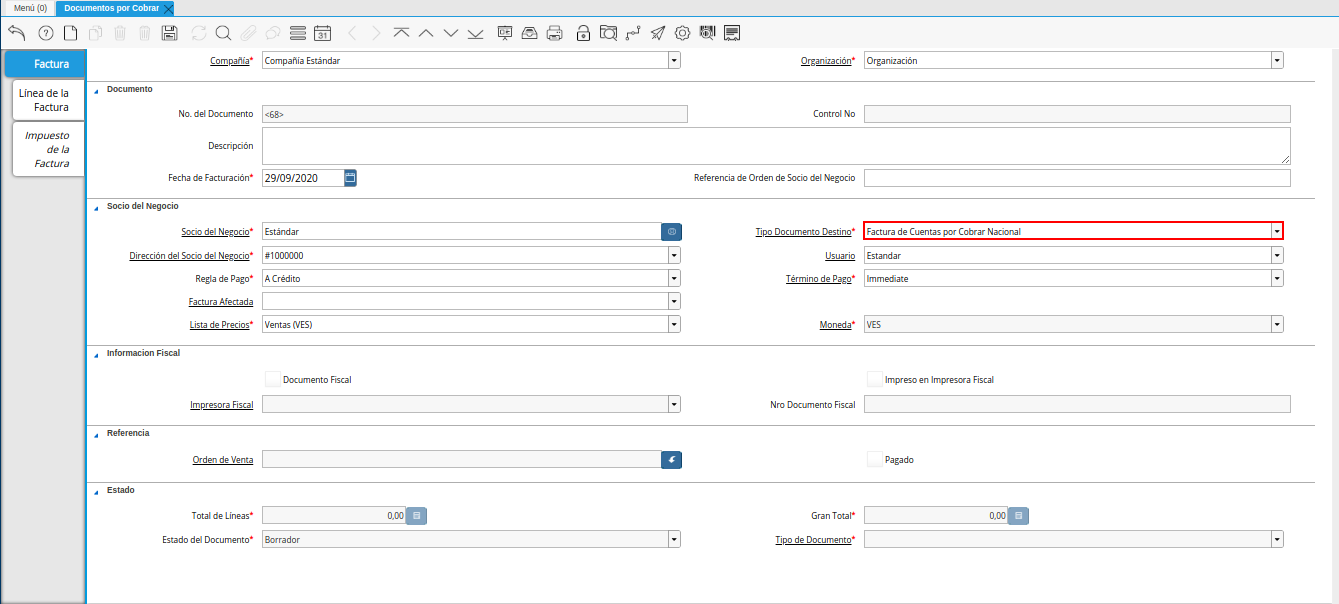 Campo Tipo de Documento Destino