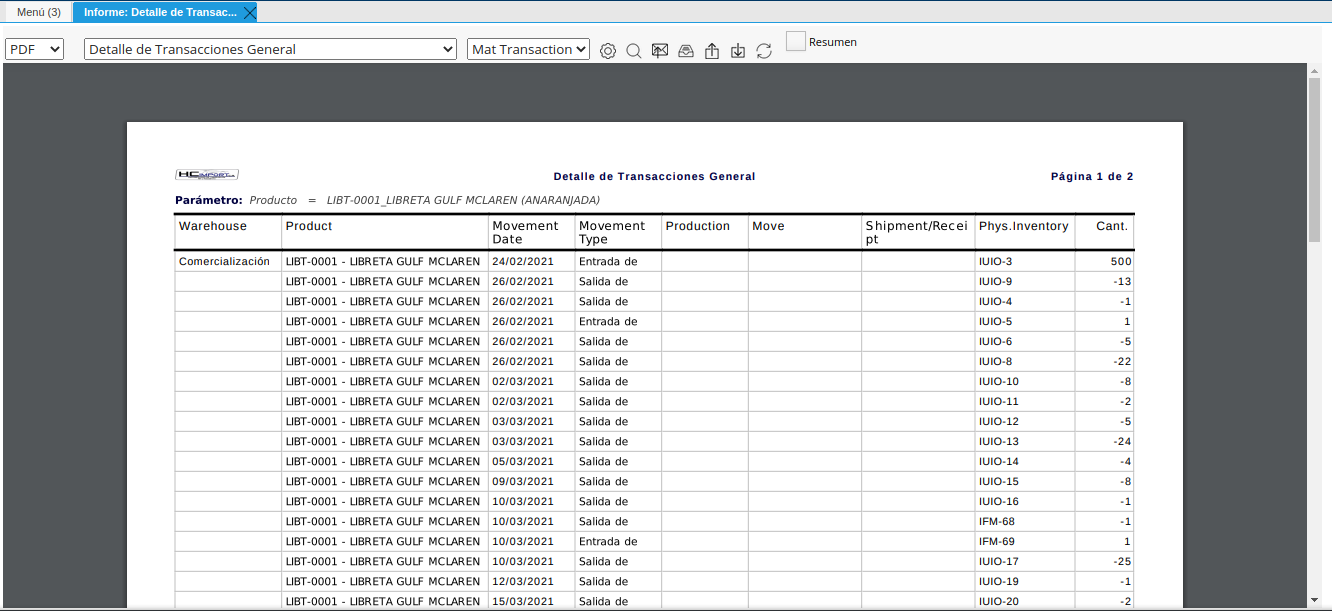 reporte detalle de transacciones generado