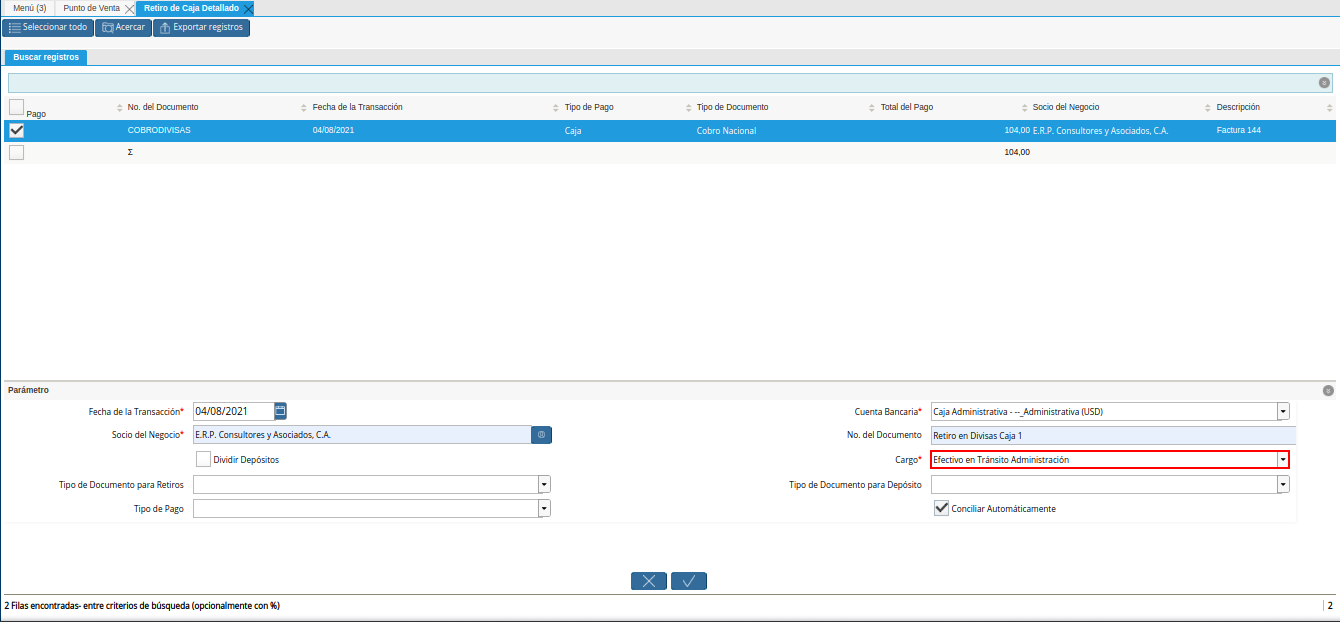 campo cargo del retiro detallado
