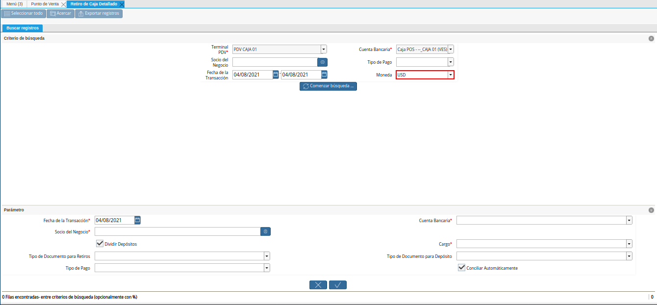 campo moneda del retiro detallado