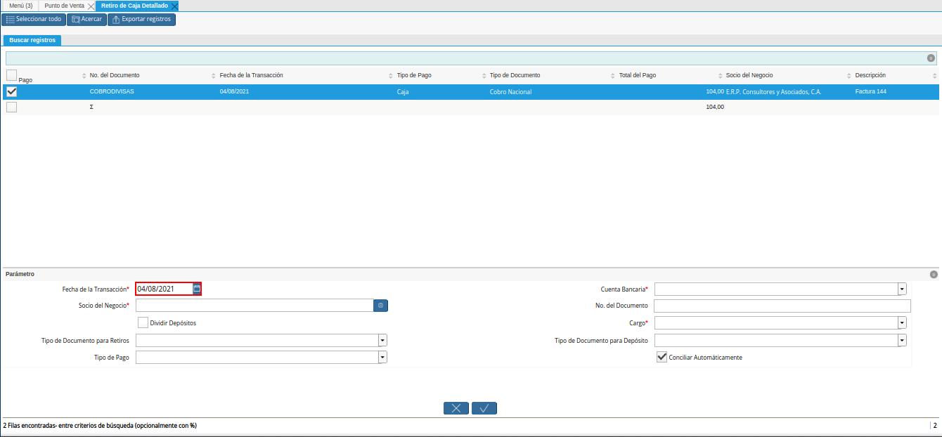 campo fecha de la transacción del retiro detallado