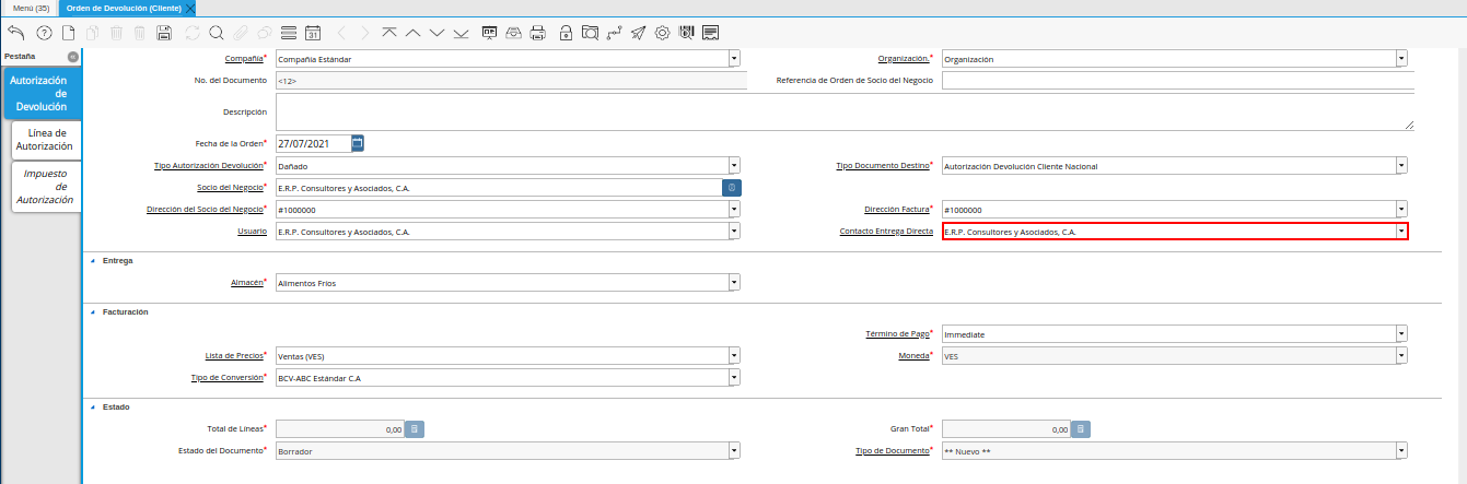 campo contacto entrega directa de la ventana orden de devolución cliente