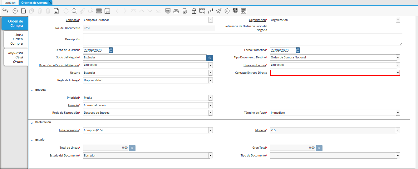 campo contacto de entrega directa de la ventana órdenes de compra