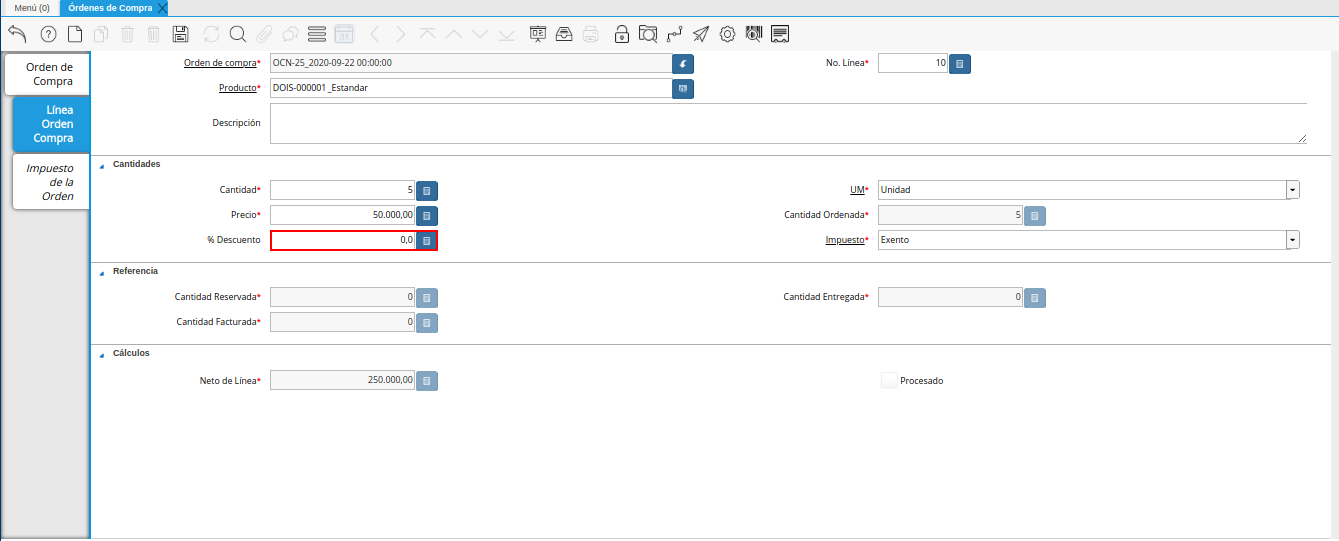 campo descuento de la ventana órdenes de compra