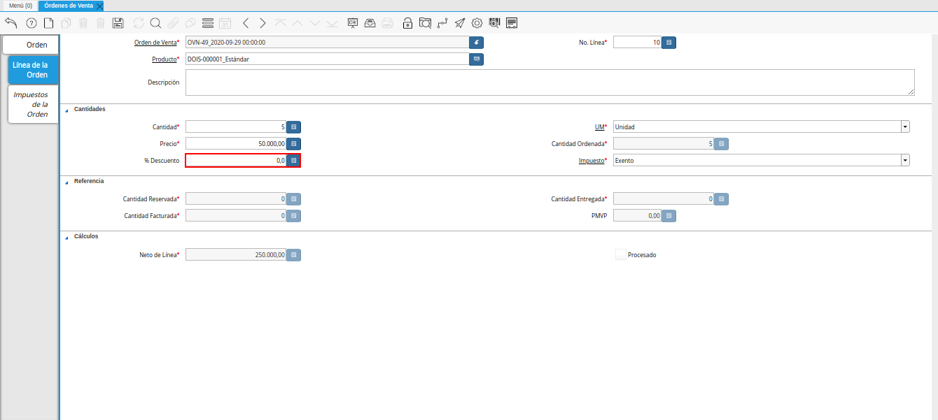 campo descuento de la ventana órdenes de venta