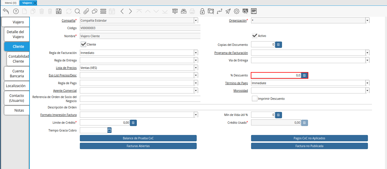 campo porcentaje de descuento de la pestaña cliente