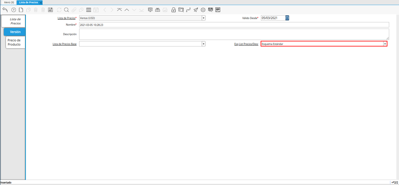 campo esquema de lista de precios descuento para lista de precios base