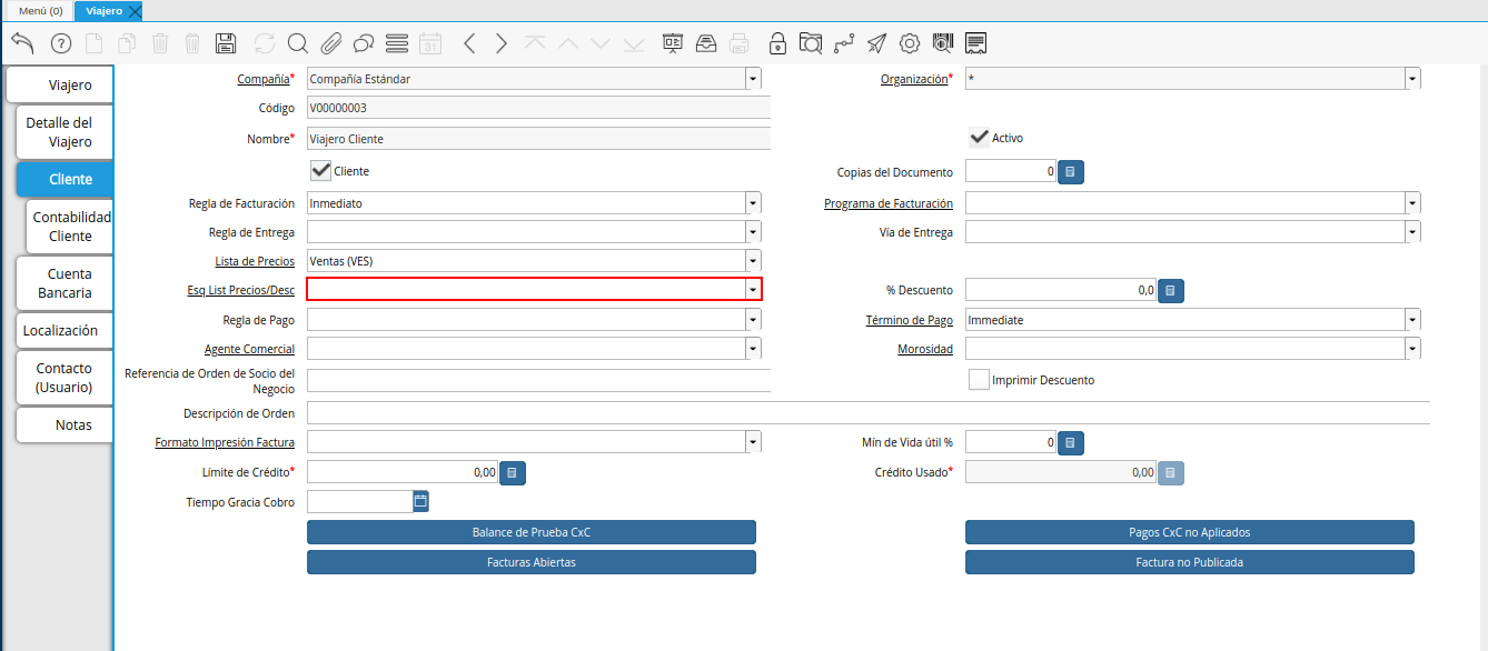 campo esquema de lista de precios de descuento de la pestaña cliente