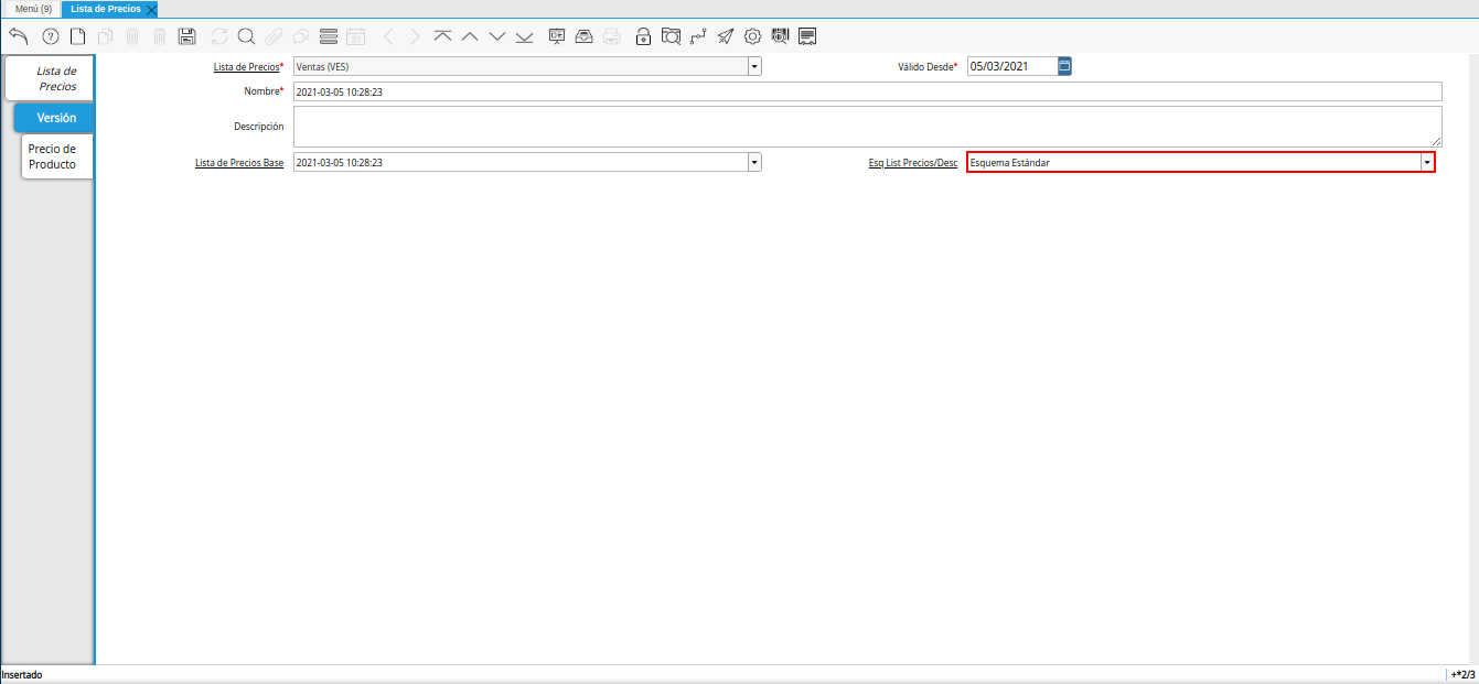 campo esquema de lista de precios descuento para lista de precios desde otra