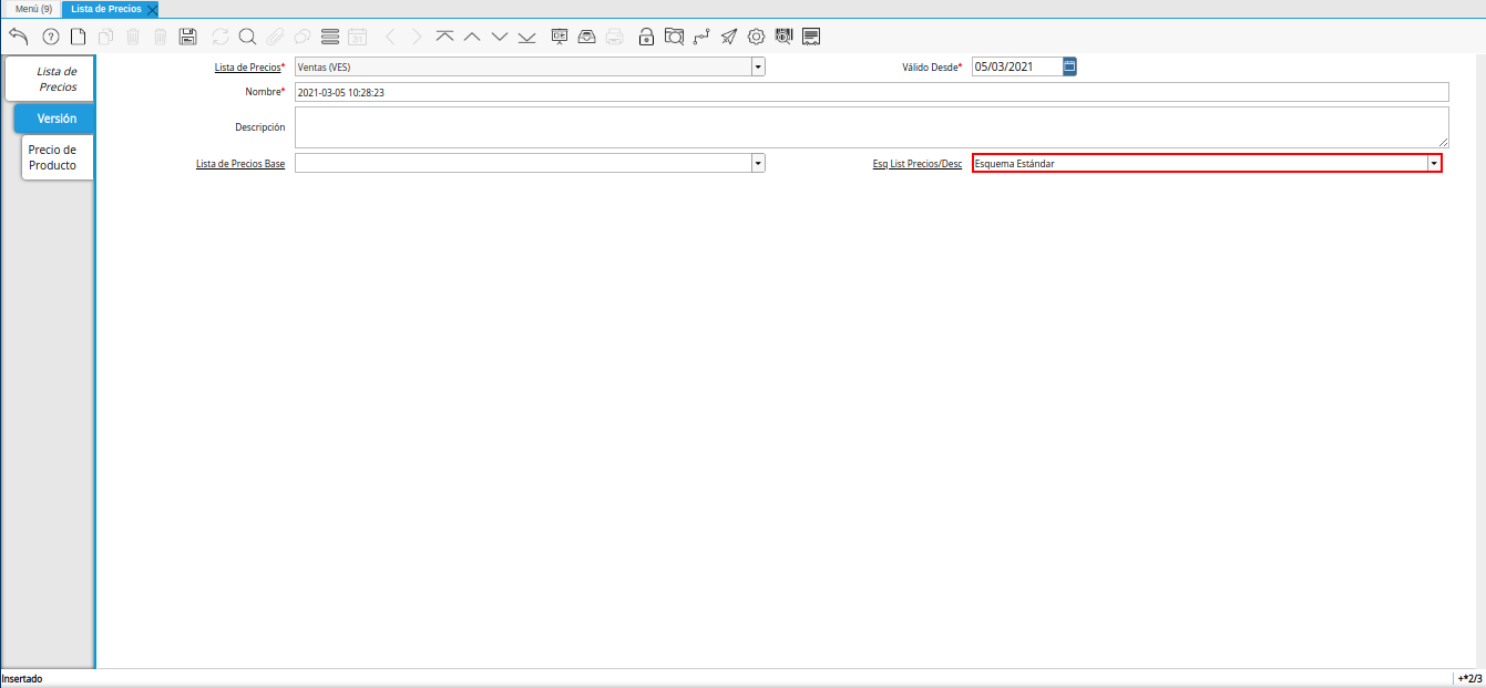 campo esquema de lista de precios descuento para lista de precios desde última oc procesada
