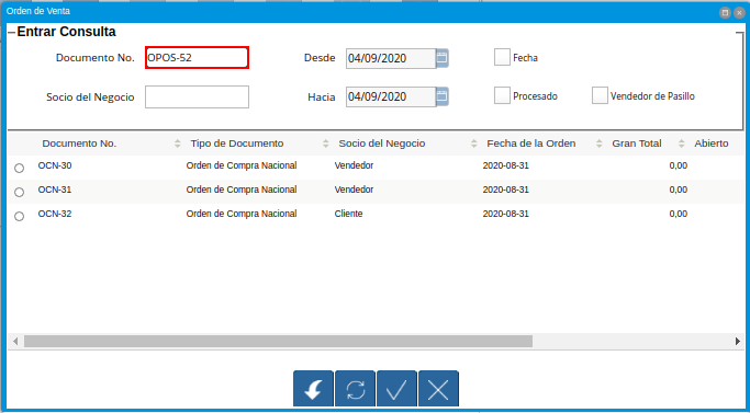 Campo Documento Nro del Grupo de Campos Entrar Consulta de la Ventana Orden de Venta Desplegada por el Icono Registros Históricos