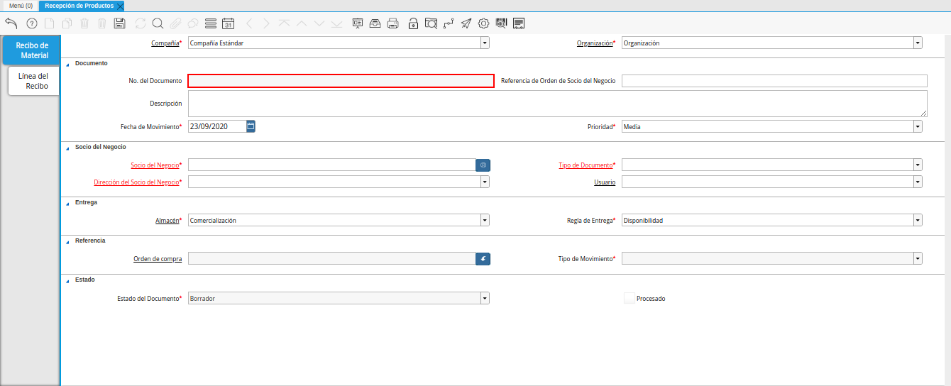 campo nro del documento de la ventana recepción de productos