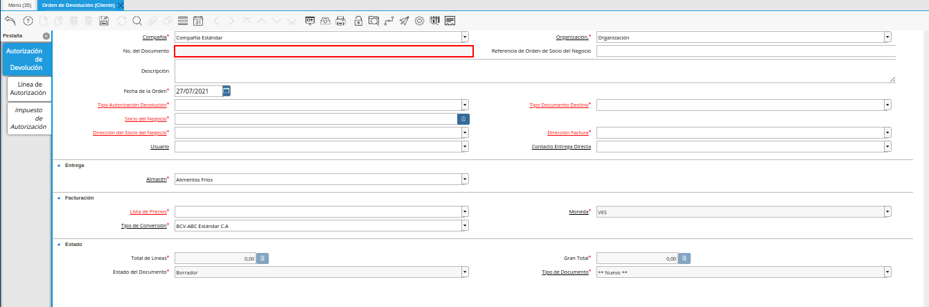 campo número de documento de la ventana orden de devolución cliente