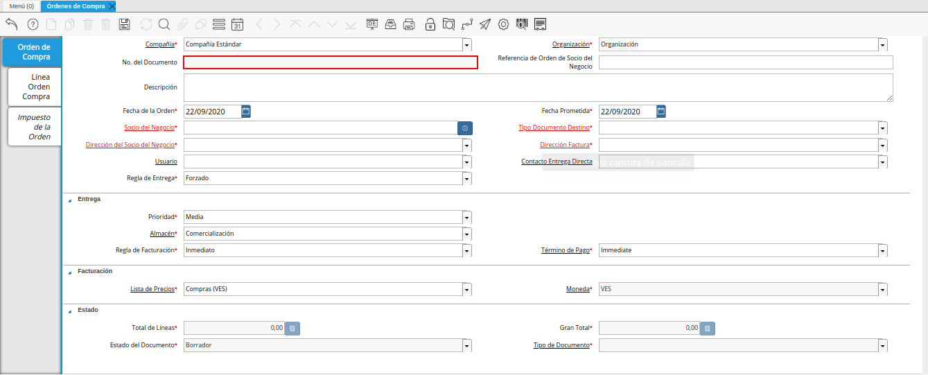 campo nro del documento de la ventana órdenes de compra