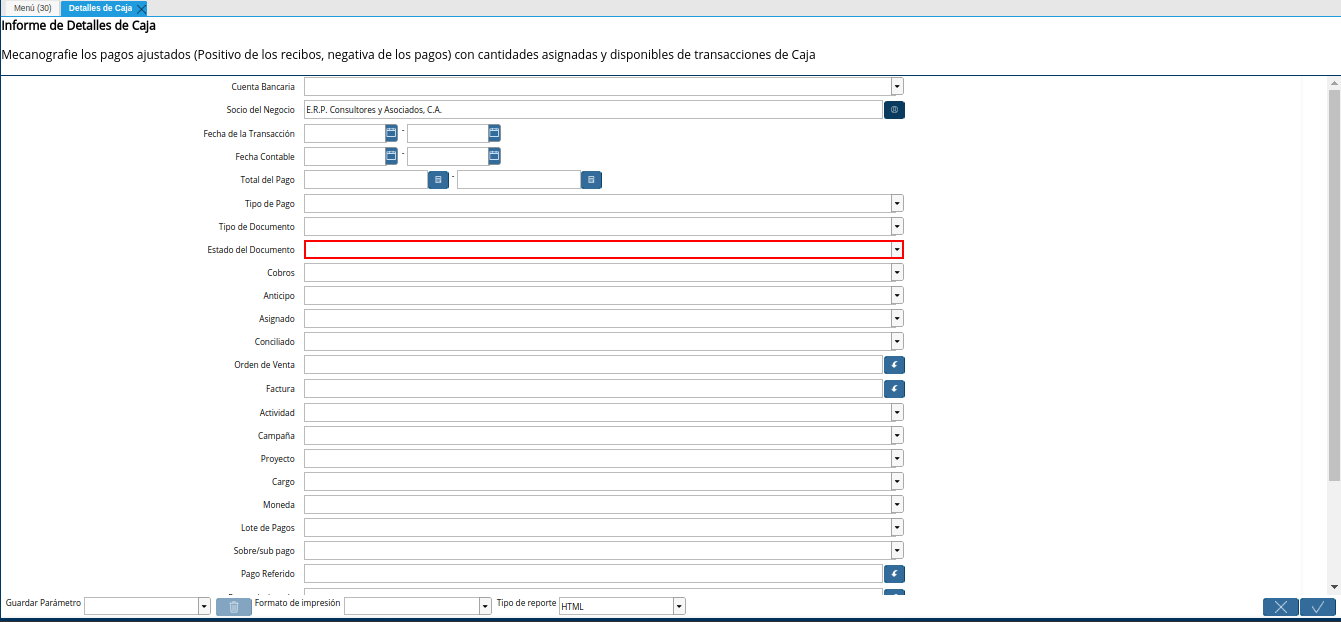 campo estado del documento del reporte detalle de caja