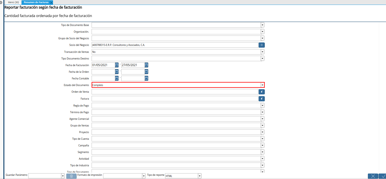 campo estado del documento del reporte resumen de facturas