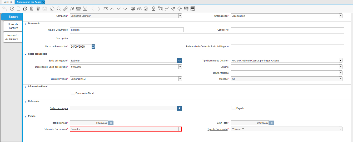 campo estado del documento de la ventana documentos por pagar