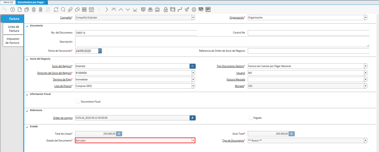 campo estado del documento de la ventana documentos por pagar