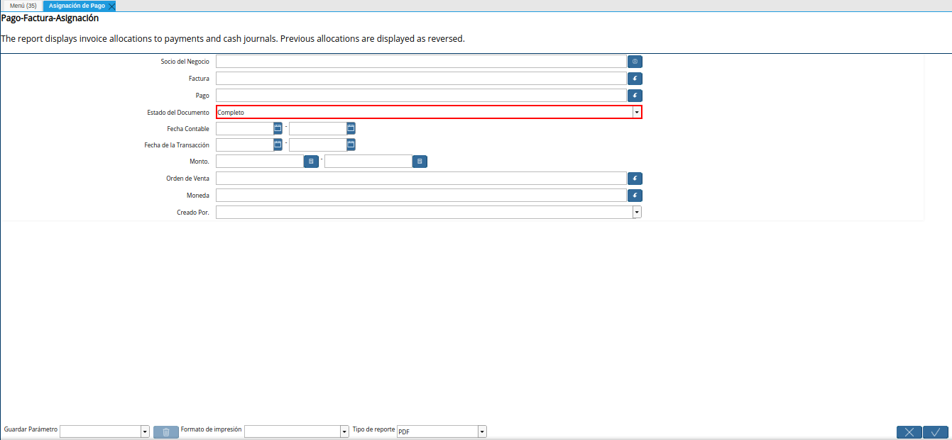 campo estado del documento del reporte asignación de pago