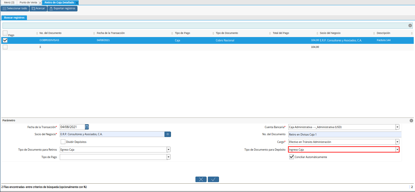 campo tipo de documento para depósito del retiro detallado