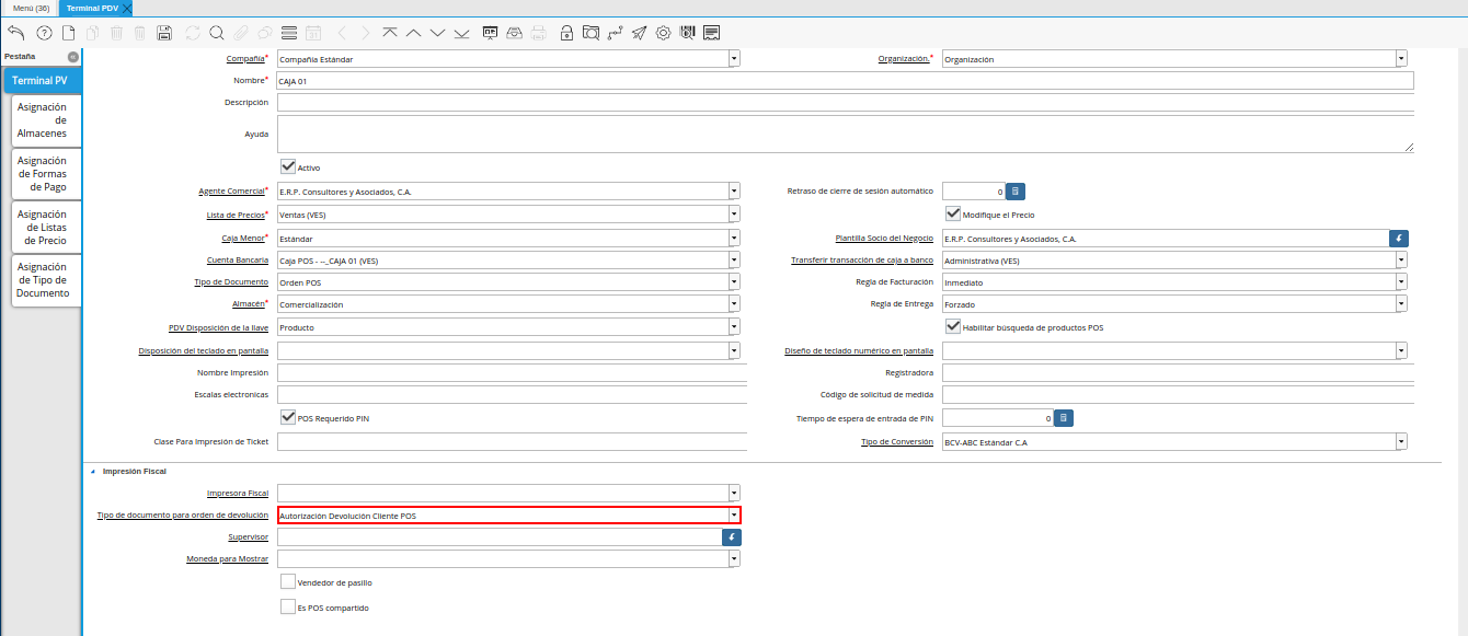 Campo Tipo de Documento para Orden de Devolución de la Ventana Terminal PDV