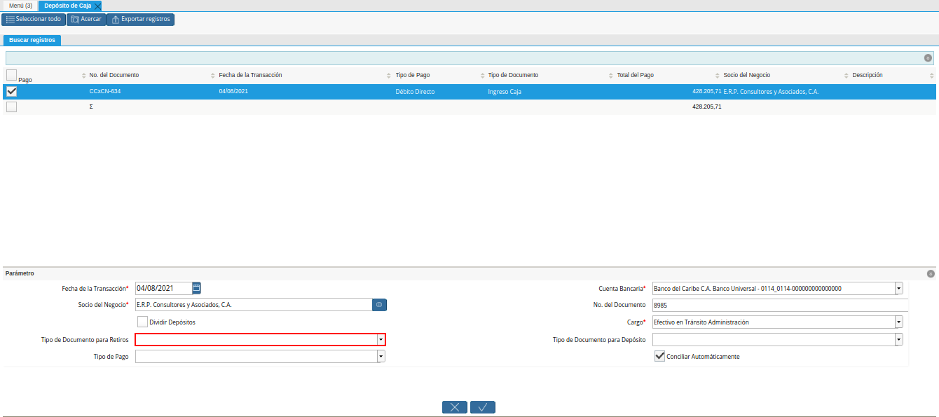 campo tipo de documento para retiros de la ventana deposito a caja