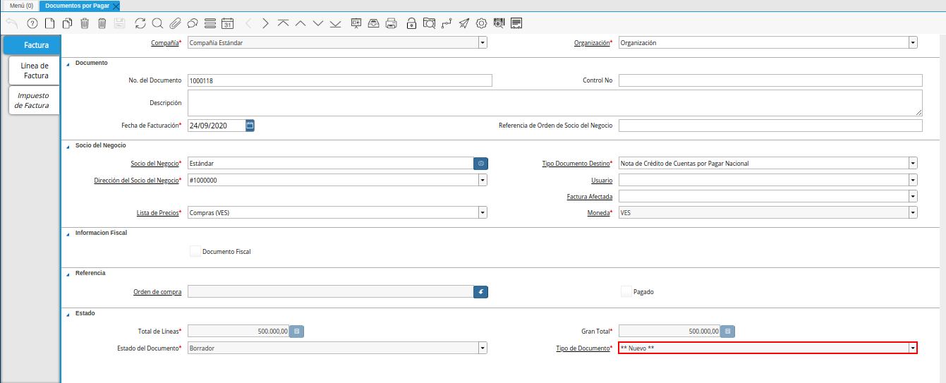 campo tipo de documento en la ventana documentos por pagar