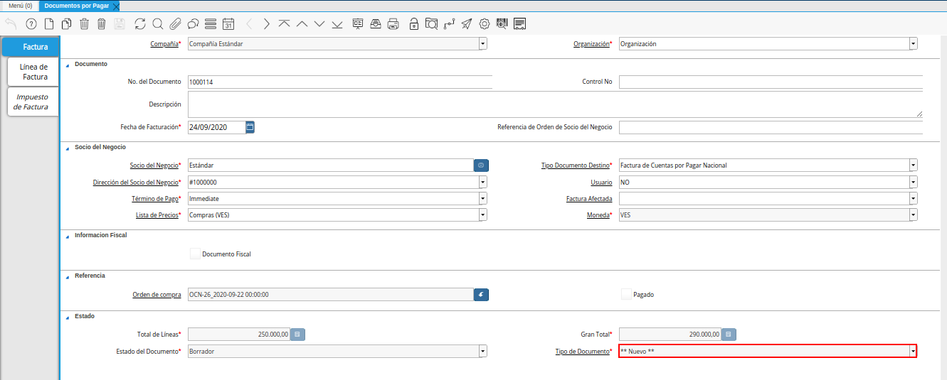 campo tipo de documento en la ventana documentos por pagar