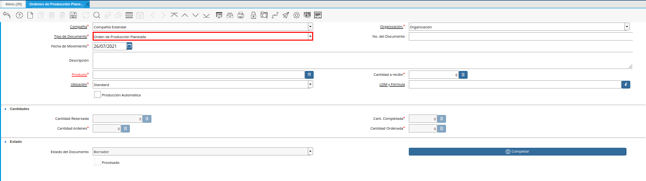 Campo Tipo de Documento de la Ventana Órdenes de Producción Planeadas