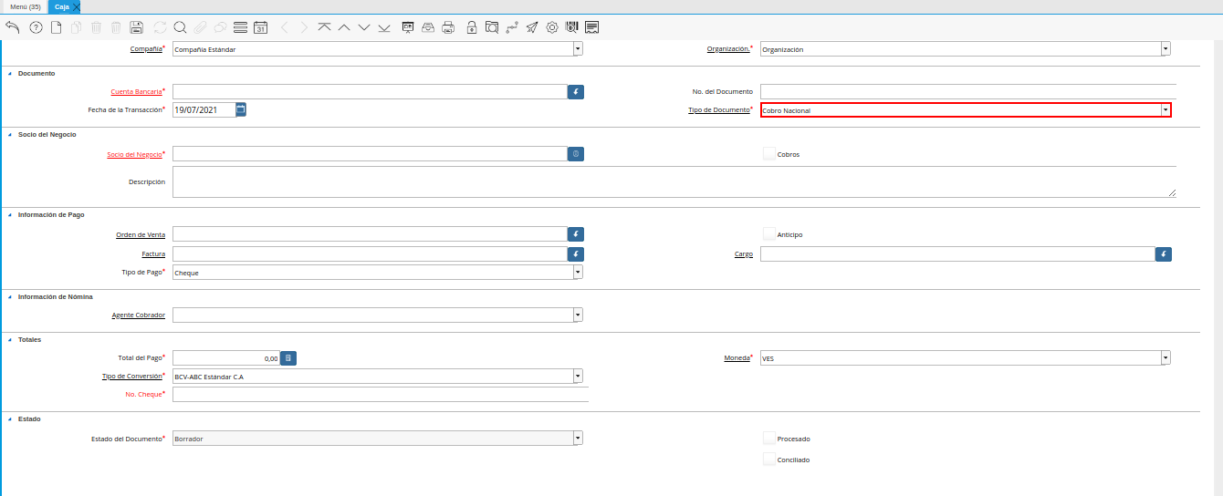 campo tipo de documento de la ventana caja