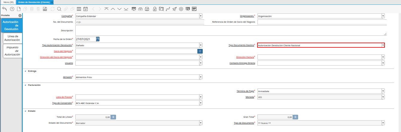 campo tipo de documento de la ventana orden de devolución cliente