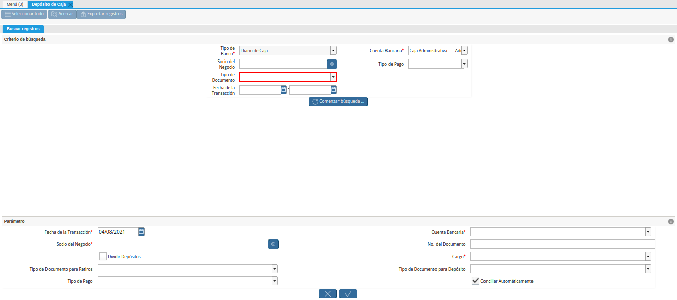 campo tipo de documento de la ventana deposito a caja