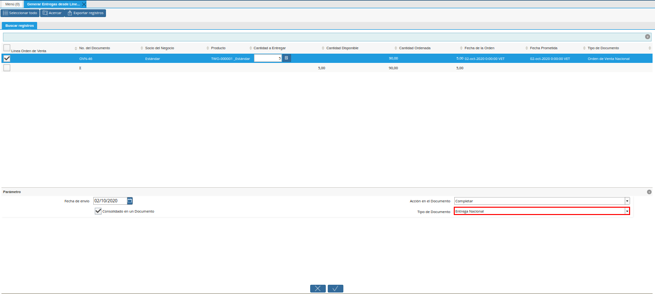 Campo Tipo de Documento de la Ventana Generar Entrega desde Líneas de la Orden