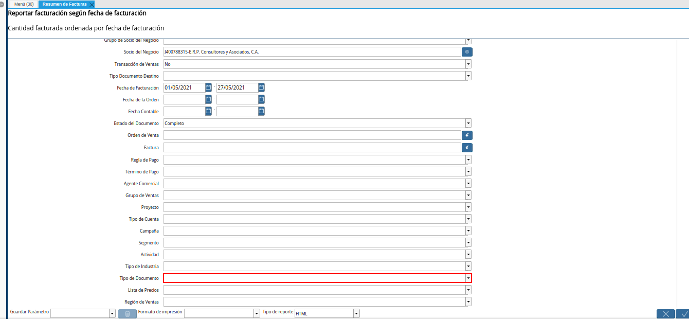 campo tipo de documento del reporte resumen de facturas
