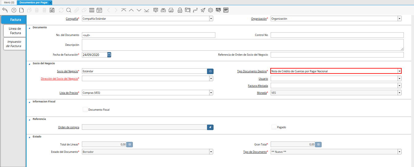 campo tipo de documento de la ventana documentos por pagar