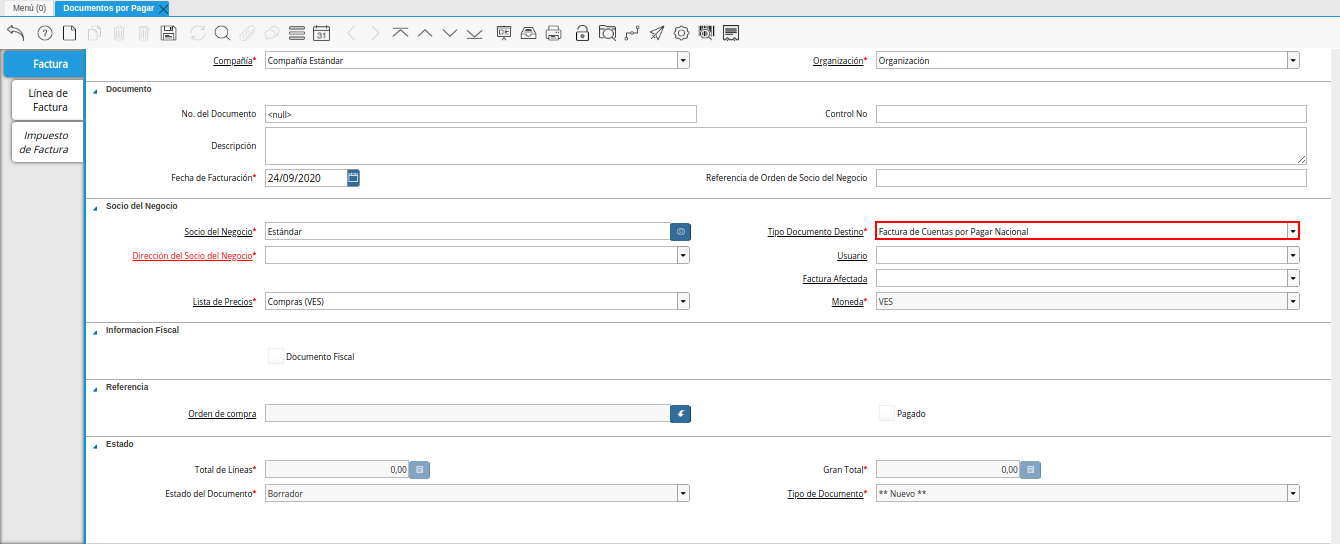 campo tipo de documento de la ventana documentos por pagar