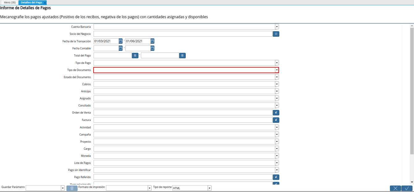 campo tipo de documento del reporte detalles del pago