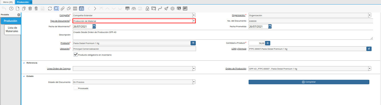 campo tipo de documento de la ventana producción