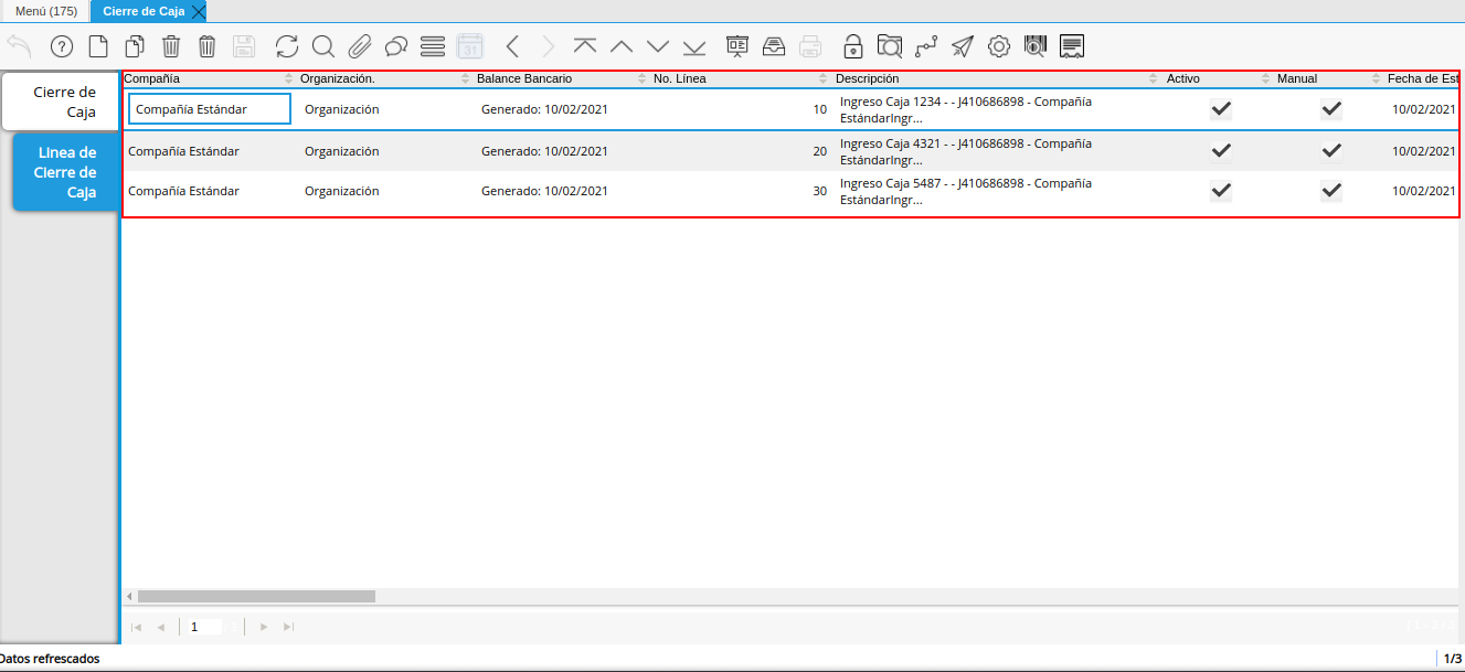Pestaña Línea de Cierre de Caja Administrativa en Borrador