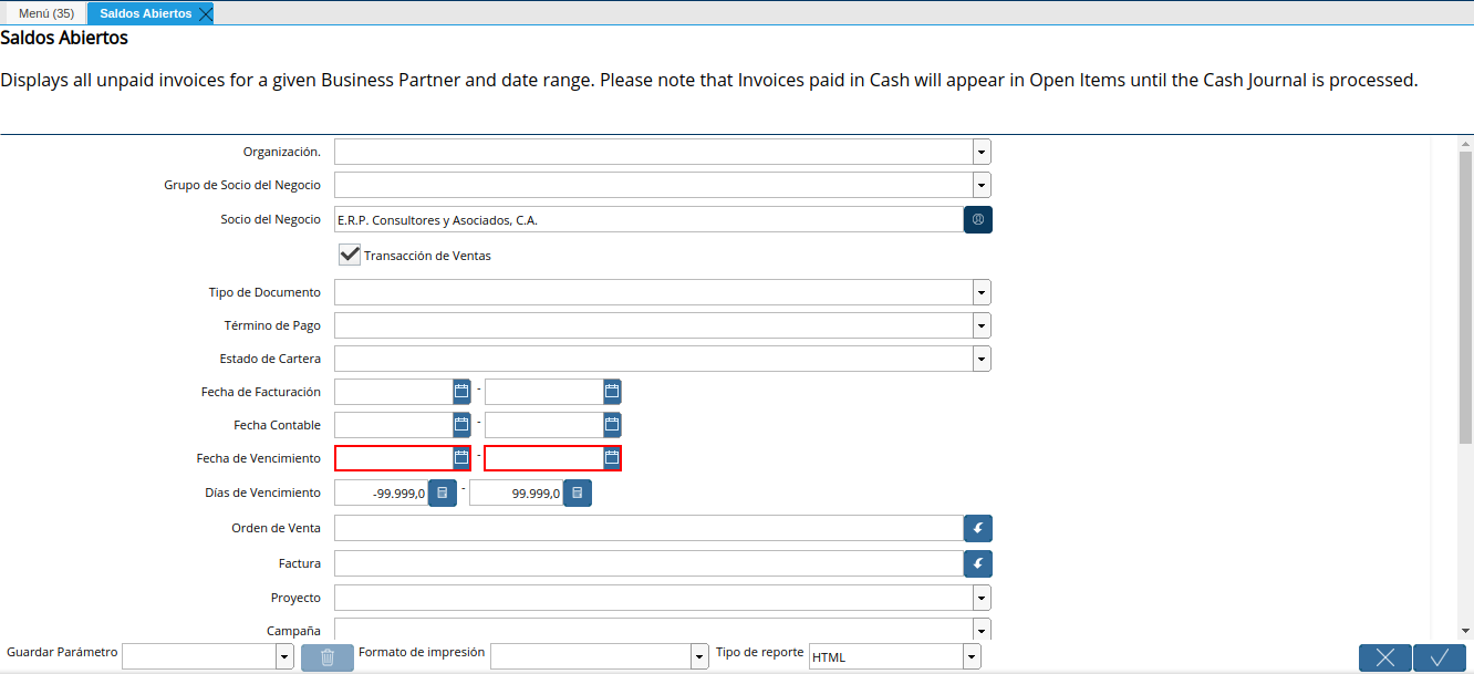 campo fecha de vencimiento del reporte de saldos abiertos