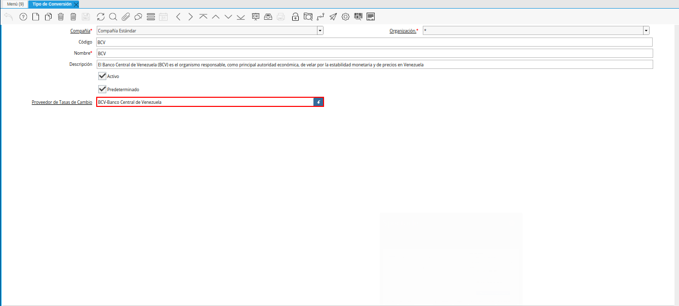 campo proveedor de tasas de cambio
