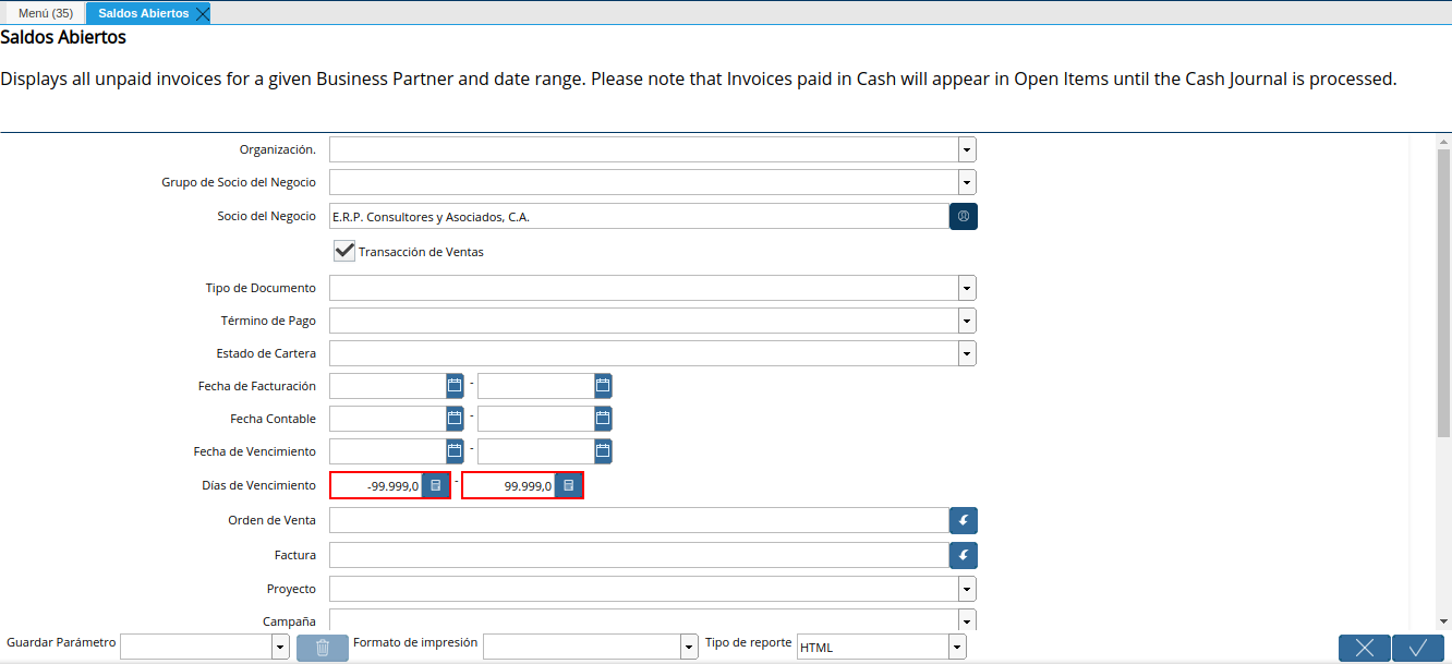 campo días de vencimiento del reporte de saldos abiertos